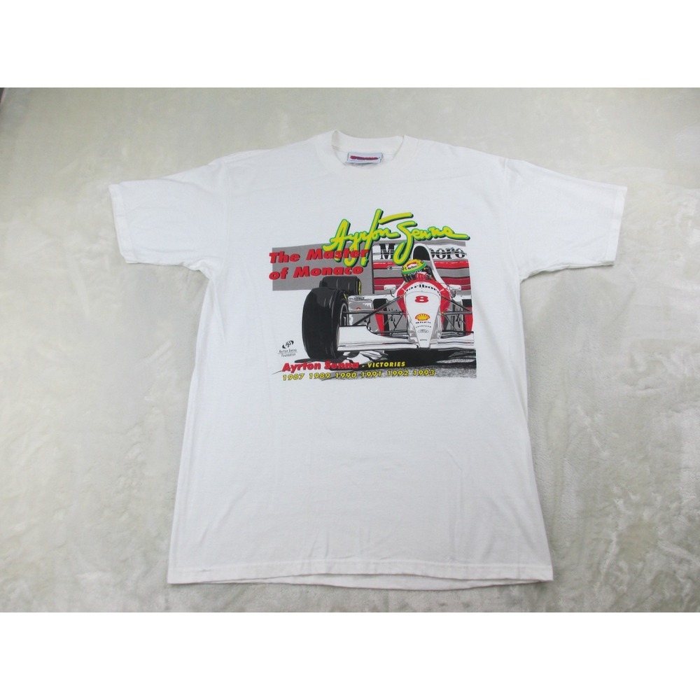 VINTAGE Ayrton Senna Shirt Mens Extra Large White‎ Formula 1 Racing Monaco 90s*